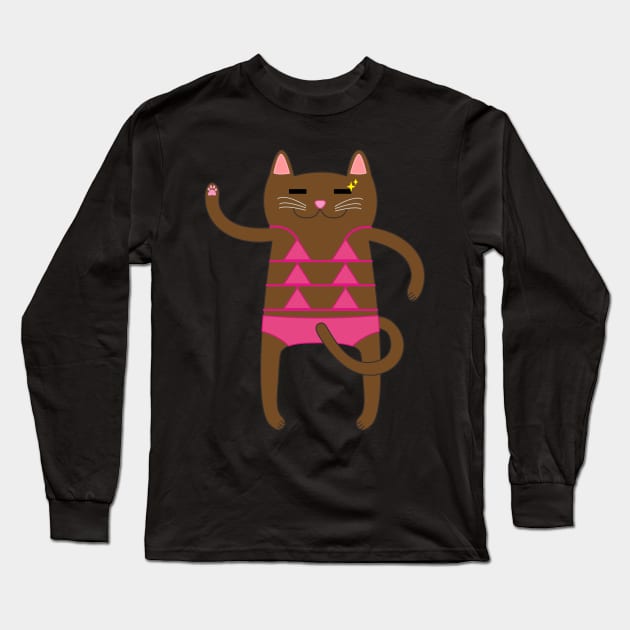 Brown Cat Wearing a Pink Bikini Swimsuit Long Sleeve T-Shirt by Babey Bog